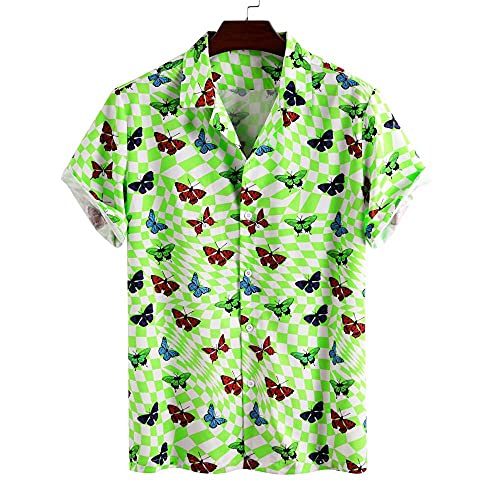 Hawaiihemd Herren Kurzarm,Männer Hawaiian Shortsleeve Hawaiian Button Shirts Fluoreszierend Grün Weiß Plaid Schmetterling Bedruckte Tops Lässig Schnell Trocknen Kurzarm Sommerferien Party Beach von RFEGEF
