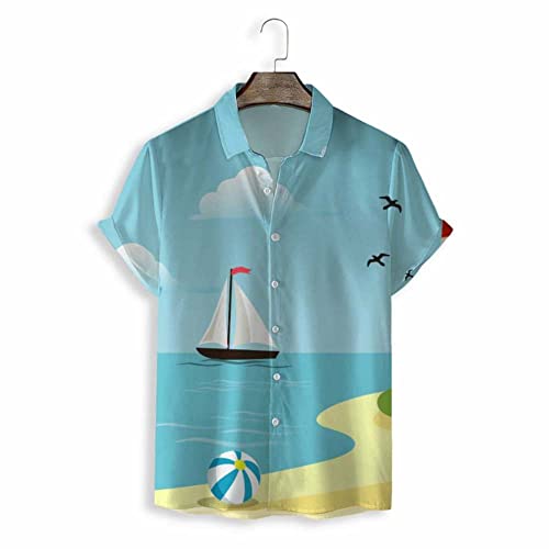 RFEGEF Hawaii Hemd Männer, Herren Sommer Hawaiihemd Mode Hellblau Strand Segelboot Druck Kurzarm Strandhemd Knopf Lässig Schnelltrocknend Party T-Shirt Hawaiihemd Top Für Herren Und Damen, XL von RFEGEF