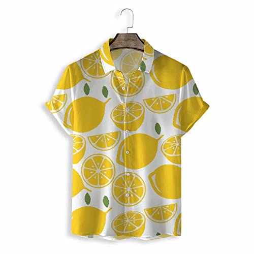 RFEGEF Sommer Hemden Für Herren, Herren Sommer Hawaiihemd Mode Gelb Zitrone Fruchtdruck Kurzarm Strandhemd Knopf Lässig Schnelltrocknend Party T-Shirt Hawaiihemd Top Für Herren Und Damen, XXL von RFEGEF