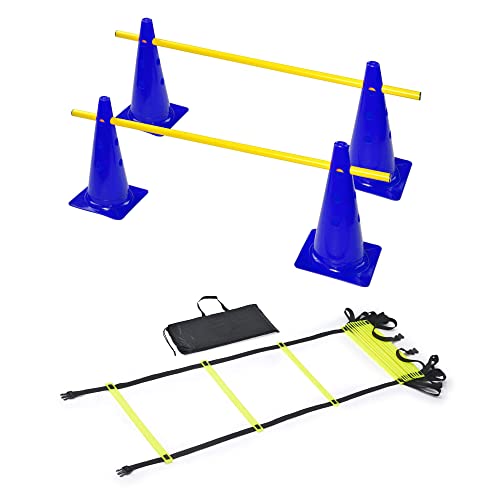 RHINOS sports Agility Trainings-Set | Koordinationsleiter 4m inkl. Tasche + Steckhürdenset 2er | 4 Blaue Kegel: 30cm | 2 gelbe Stangen: 1m von RHINOS sports