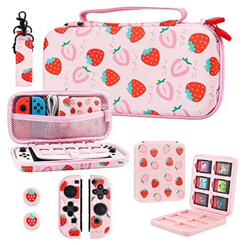 RHOTALL Süße Tragetasche für Nintendo Switch & Switch OLED-Abdeckung, harte tragbare Reisetasche für Switch-Zubehör mit Spieletui, 2 Joy Con-Shell, Schultergurt und 2 Daumenkappen - Pink Strawberry von RHOTALL