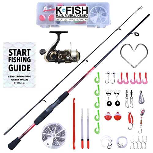 Rigged and Ready K-Fish Spinnruten-Set, Angelschnur, Angelschnur, Kombination mit Fischführung, 1,7 m, 50 Stück Angelköder, Zubehör für Salzwasser und Süßwasserfische von RIGGED & READY TRAVEL FISHING