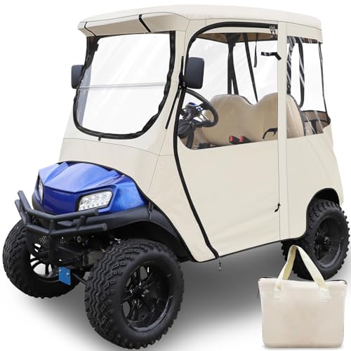 RIZINKART Golfwagen-Abdeckung für Golfwagen, 2-Sitzer, 600D Oxdord mit 3 Tür-Reißverschlüssen, Sicherheits-Seitenspiegel, wasserdicht, tragbar, transparent, Aufbewahrung, Fahrregenschutz, kurzes von RIZINKART