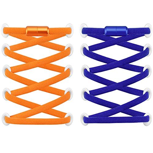 RJ-Sport (2 Paar Elastische Schnürsenkel mit Schnellverschluss - Schnellschnürsystem für Einzigartigen Komfort und Starken Halt - mit Metallkapseln ohne binden (Orange+Blau) von RJ-Sport
