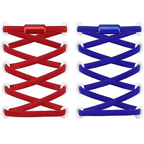RJ-Sport (2 Paar Elastische Schnürsenkel mit Schnellverschluss - Schnellschnürsystem für Einzigartigen Komfort und Starken Halt - mit Metallkapseln ohne binden (Rot+Blau) von RJ-Sport