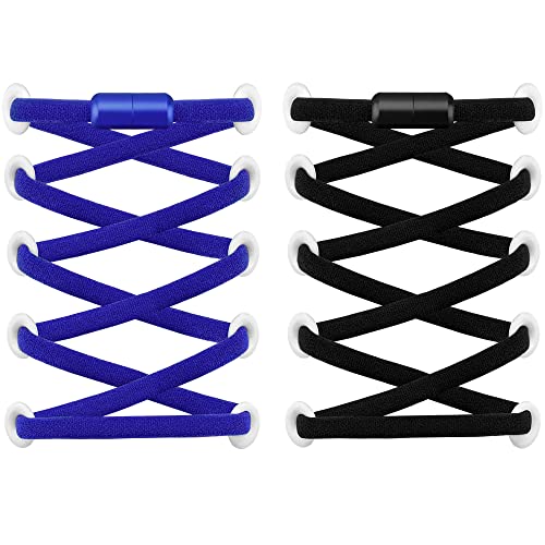 RJ-Sport (2 Paar Elastische Schnürsenkel mit Schnellverschluss - Schnellschnürsystem für Einzigartigen Komfort und Starken Halt - mit Metallkapseln ohne binden (Schwarz+Blau) von RJ-Sport