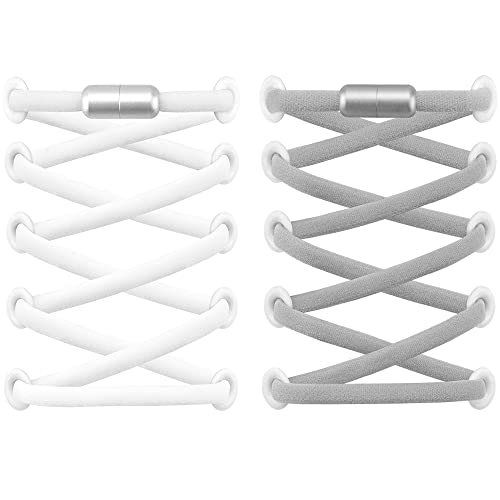 RJ-Sport (2 Paar Elastische Schnürsenkel mit Schnellverschluss - Schnellschnürsystem für Einzigartigen Komfort und Starken Halt - mit Metallkapseln ohne binden (Weiß+Grau) von RJ-Sport