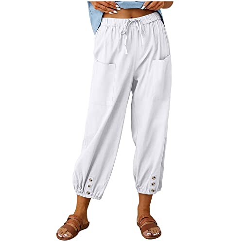 RMBLYfeiye Hose Mit Weitem Bein Damen Sweathose Damen Chino Damen Hose Elastische Taille Einfarbiges Stretch Schlupfhose Mit Taschen Tunnelzug Locker Palazzo Hose Sommerhose Damen (Weiß, XXL) von RMBLYfeiye