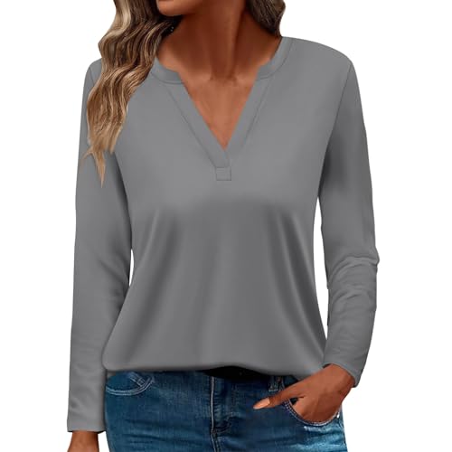 RMBLYfeiye Sport Shirts Für Damen Shirt Mit Gummizug Am Saum T Vatertag V-Ausschnitt Einfarbiges Longshirt Elegant Sportshirt Herbst Oberteile Laufshirt XL von RMBLYfeiye