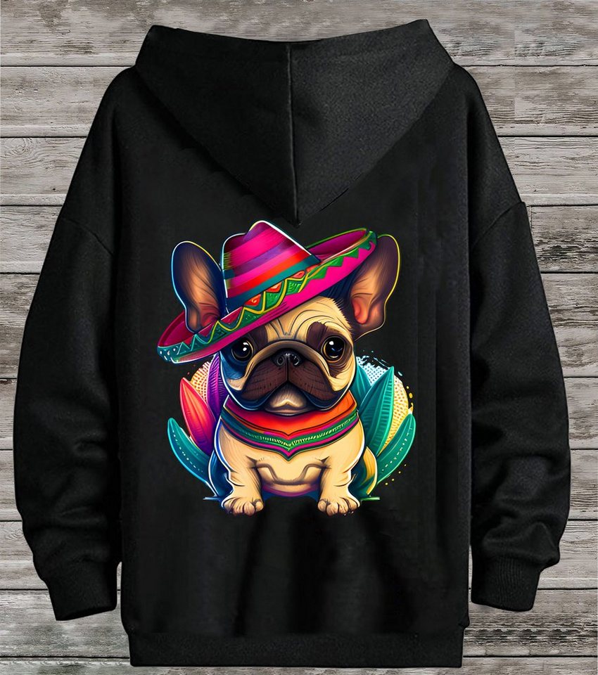 RMK Hoodie Damen Pullover Basic Pulli Kapuzenpullover Seitentaschen Hund Mexico Französische Bulldogge Print von RMK