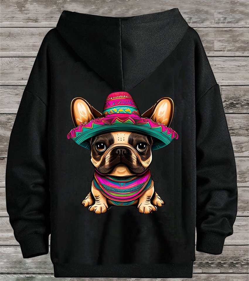 RMK Hoodie Damen Pullover Basic Pulli Kapuzenpullover Seitentaschen Hund Mexico Französische Bulldogge Print von RMK