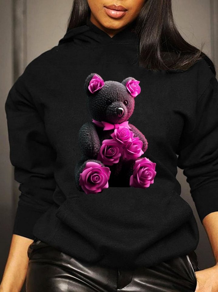RMK Kapuzenpullover Damen Hoodie Pullover Basic Pulli mit Teddybär Herzen Rosen mit Kaputze, mit lizenziertem Print von RMK