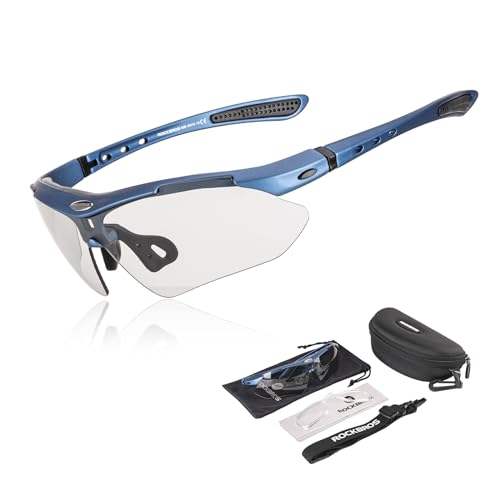 ROCKBROS Fahrradbrille Selbsttönend Brille Sonnenbrille Herren/Damen UV 400 mit Kopfband für Brillenträger Outdoorsport Laufen MTB Blau von ROCKBROS