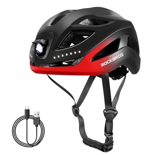 ROCKBROS Fahrradhelm mit Licht, MTB Helm Herren Damen mit USB 1800 mAh Atmungsaktiv 58-60 cm Schwarz Rot von ROCKBROS