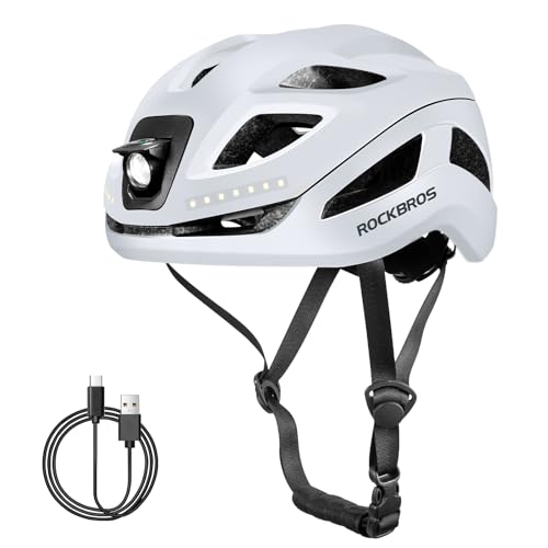 ROCKBROS Fahrradhelm mit Licht, MTB Helm Herren Damen mit USB 1800 mAh Atmungsaktiv 58-60 cm Weiß von ROCKBROS