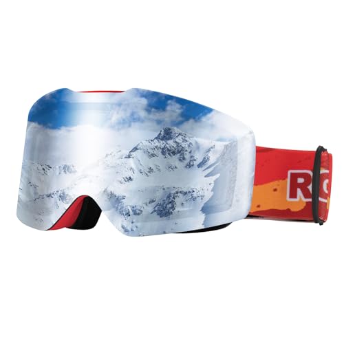 ROCKBROS Skibrille, Snowboard Brille für Herren Damen Schneebrille Anti-Fog UV-Schutz Helmkompatible Polarisierte Sportbrille Skifahren Rot von ROCKBROS