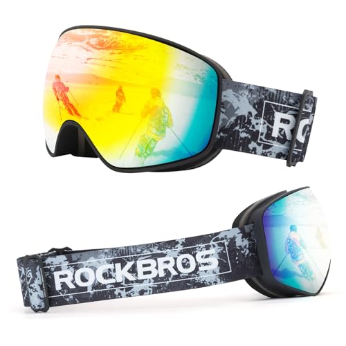 ROCKBROS Skibrille Snowboard Brille für Brillenträger UV-Schutz Goggle Helmkompatible Anti-Fog Brille Sportbrille für Skifahren Erwachsener Kind Windschutz Schwarz Kind von ROCKBROS