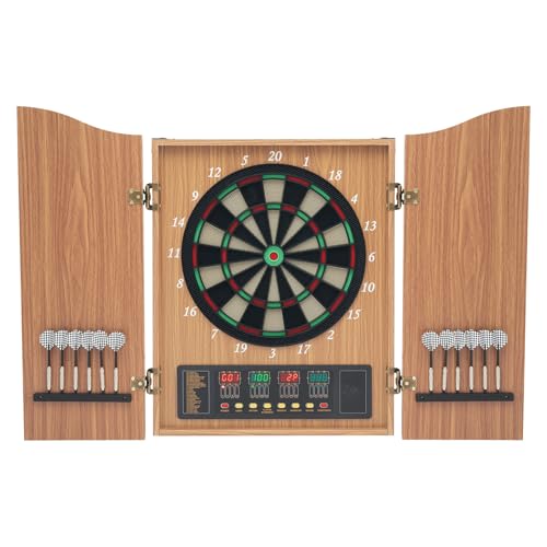 Elektronische Dartscheibe Holzschranktüren | Profi Dartscheibe Dekorative Set bis 16 Spieler | Dartautomat Standgerät mit LED Beleuchteten Ziffern | Dart Ständer mit 12*Pfeile & 88 Dartköpfe von ROGONPDK