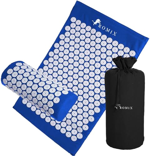 ROMIX Akupressurmatte mit Kissen, Akupunktur Matte für Rücken, Nacken, Schmerzlinderung, Muskelentspannung, Stachelmatt, Akkupressmatte mit Tragetasche für Frauen und Männer Stressabbau Massagematte von ROMIX