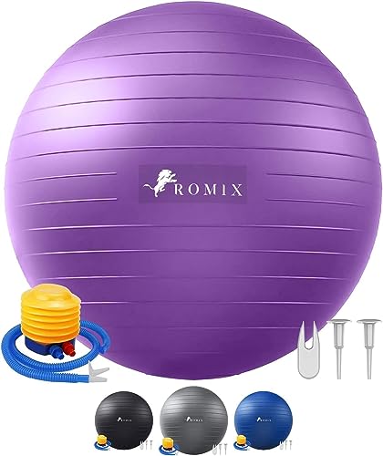 ROMIX Gymnastikball 55cm 65cm 75cm, Anti-Burst Sitzball mit Luft-Pumpe für Balance und Stabilität, Aufblasbarer Pilates Ball für Yoga Übung, Ball für Fitness, Gymnastikball Schwangerschaft (Violett) von ROMIX
