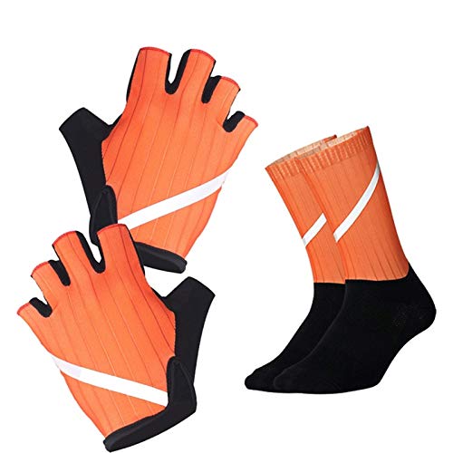 ROTAKUMA Fahrradhandschuhe hochreflektierend mit reflektierenden Socken Herren Damen rutschfeste atmungsaktive Sport Fahrradhandschuhe Fahrradsocken-Set Geschenk 520 (Color : Set Orange, Size : XL) von ROTAKUMA