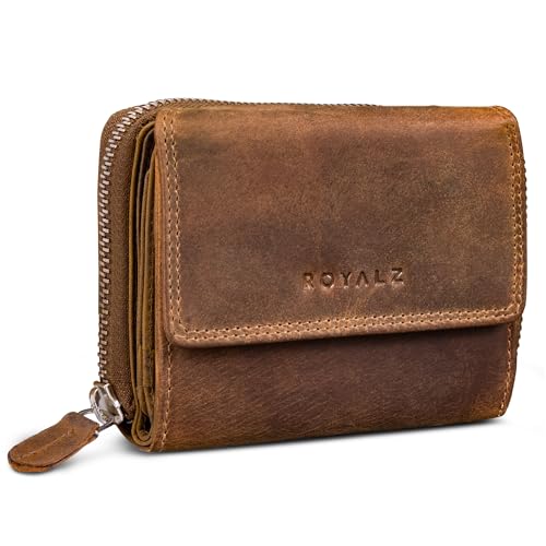 ROYALZ 'Liberty' Vintage Portemonnaie Damen klein Leder - kleine Geldbörse mit 7 Kartenfächern - Echtleder Geldbeutel RFID Schutz - viele Fächer Portmonee mit extra Münzfach, Farbe:Nevada braun von ROYALZ