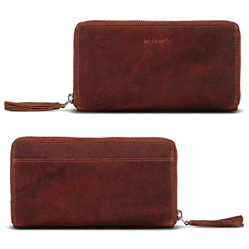 ROYALZ 'Helena' Vintage Leder Portemonnaie Damen groß Reißverschluss viele Fächer Geldbörse Damen RFID Schutz Geldbeutel Frauen Leder, Farbe:Roma Cognac Braun von ROYALZ