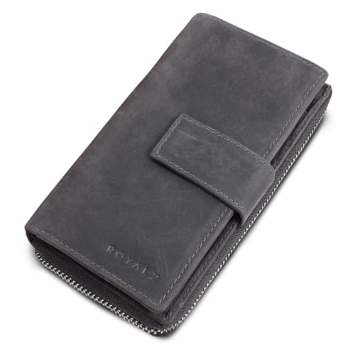 ROYALZ 'Viola' Elegante Damen Geldbörse Leder groß Echtleder - langes Portemonnaie mit 10 Kartenfächer und RFID Schutz - Vintage Design Geldbeutel mit vielen Fächern, Farbe:Navy Grau von ROYALZ