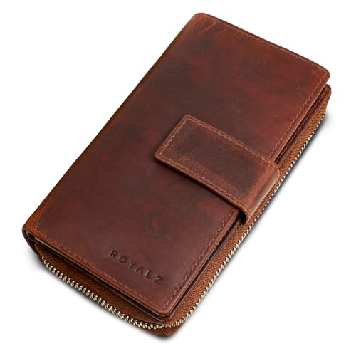 ROYALZ 'Viola' Elegante Damen Geldbörse Leder groß Echtleder - langes Portemonnaie mit 10 Kartenfächer und RFID Schutz - Vintage Design Geldbeutel mit vielen Fächern, Farbe:Roma Cognac Braun von ROYALZ