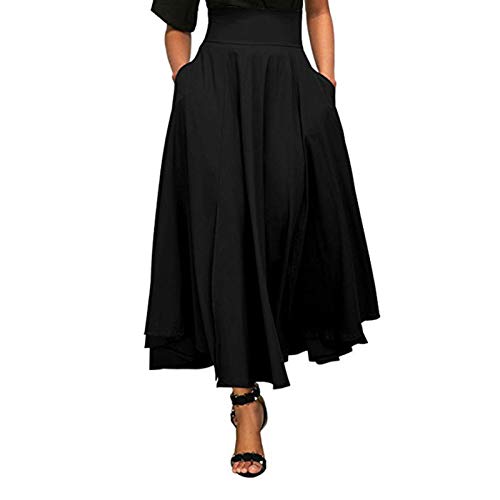 ROirEMJ Damenröcke, Frauen Hohe Taille Flared Pleated Lange Röcke Maxi Rock + Taschen 5 Größen Lange Bequeme Rock Skirts Womens, Schwarz, XL von ROirEMJ