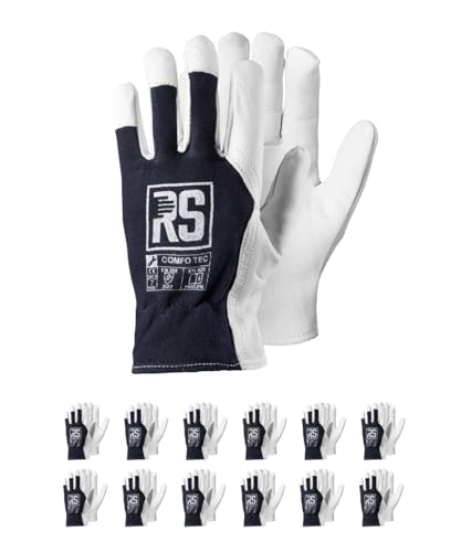 RS - COMFO TEC Montage-Handschuhe verstärktes Ziegenleder/Größe 7, 12 Paar/Weiß/Dunkelblau/Montagehandschuhe/Arbeitshandschuhe Leder Herren Damen robuste Lederhandschuhe Schutzhandschuhe von RS