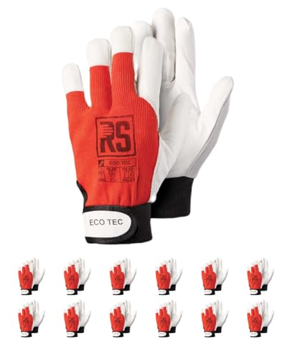 RS ECO TEC Premium Montage-Handschuhe aus Leder/Größe 11, 12 Paar/Rot-Weiss/aus hochwertigem Ziegenleder Montagehandschuhe/Handschuhe Arbeitshandschuhe von RS