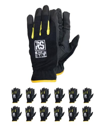 RS FEDER Montage-Handschuhe/Größe 07, 12 Paar/Schwarz/Montagehandschuhe Kunstlederhandschuh/Arbeitshandschuhe/mit weich gepolsterter Schwammstruktur in der Innensohle von RS
