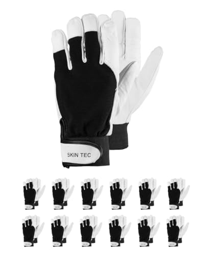 RS SKIN TEC MontageHandschuhe mit ausgesuchtem Ziegen-Vollleder/ Größe10, 12 Paar/Weiß Schwarz/Arbeitshandschuhe Leder/Lederhandschuhe Schutzhandschuhe von RS