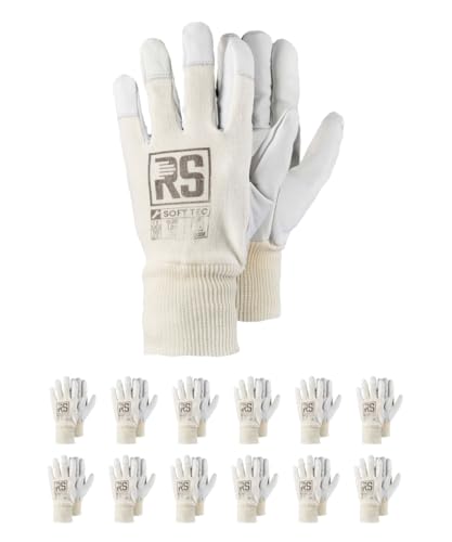 RS SOFT TEC 7 Montage-Handschuhe verstärktes Ziegenleder/Größe 7, 12 Paar/Weiß/Montagehandschuhe/Arbeitshandschuhe Leder Herren Damen robuste Lederhandschuhe Schutzhandschuhe von RS