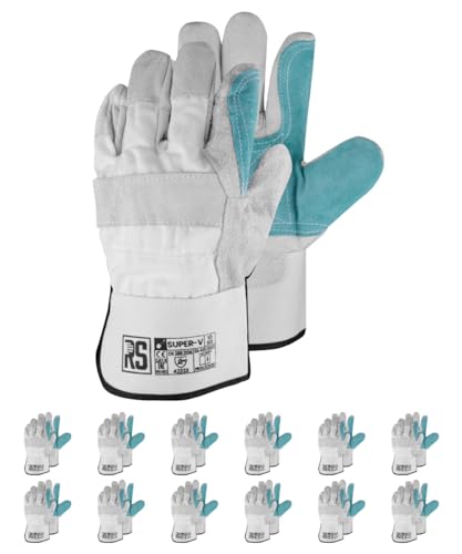 RS SUPER V Premium Montage-Handschuhe aus Leder/DOCKER-TYP/Größe 10, 12 Paar/Grau-Blau/Montagehandschuhe/Arbeitshandschuhe, der mit Spalt-Rindleder verstärkt ist von RS