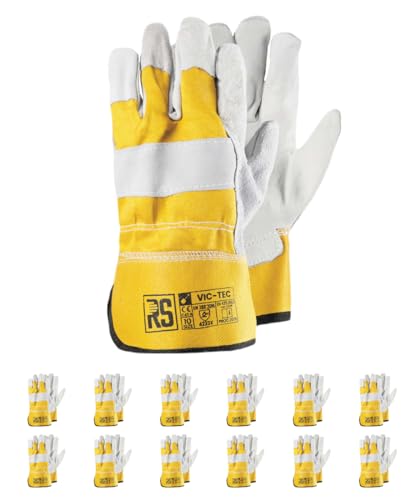 RS VIC TEC Premium Montage-Handschuhe aus Leder/DOCKER-TYP/Größe 10, 12 Paar/Grau-Gelb/Montagehandschuhe/Arbeitshandschuhe, der mit Spalt-Rindleder verstärkt ist von RS