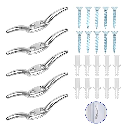 5 Stück Klampenhaken Anlegeklampen Belegklampe Festmacherklampe Seilklampe Flaggenklampe Klampe Boot mit Befestigungsschrauben und Kunststoffstopfen, für Yachten, Fahnenmasten, Segelboote, Markisen von RUCUDIM