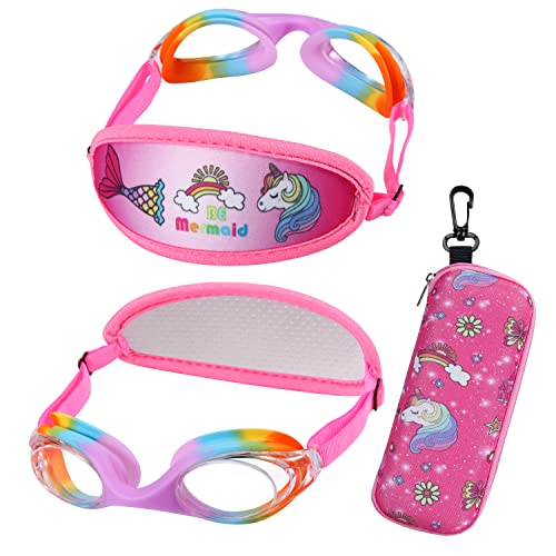 RUIGAO Schwimmbrille für Kleinkinder, Alter 2–5 Jahre, Kleinkind-Schutzbrille, ohne Haare, Zugband, Kinder-Schwimmbrille mit Etui (JR Goggles – Regenbogen) von RUIGAO