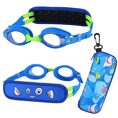 RUIGAO Schwimmbrille Für Kinder 3–6, Kleinkind-Schwimmbrille, kein Haarziehen, Kinderbrille mit Etui/gepolstertem Stoffband (blauer Fisch) von RUIGAO