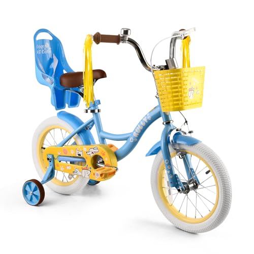 RULLY 14 Zoll Mädchenfahrrad Blau mit Stützrädern – Kinderfahrrad mit Korb & Puppensitz für 3–5 Jahre, Lernfahrrad für Kleinkinder von RULLY