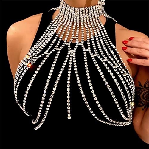 RVLAUGOAA Frau Sexy Brustkette Halsketten glänzend Diamant BH-Kette Kristall Bikini Unterwäsche Brustschmuck Körperkette (Silber) von Rvlaugoaa