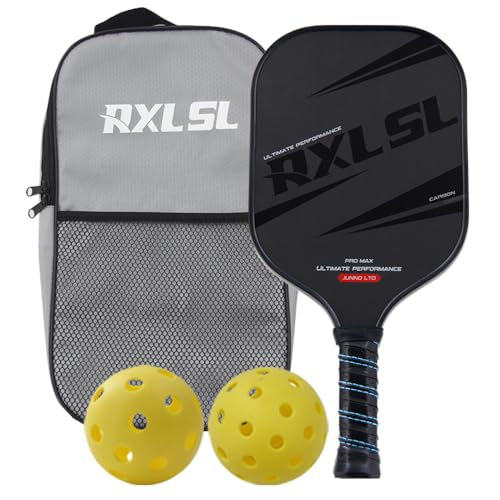 Kohlefaser Pickleball-Paddel,RXL SL Pickle Ball Paddel für drinnen und draußen mit Enthält 1 Pickleball-Schläger für fortgeschrittene Spieler,Zwei Pickleball-Bälle und eine Balltasche,Schwarz von RXL SL