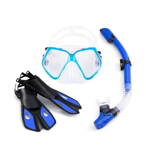 Schnorchelset mit Flossen, Schnorchelausrüstung in Reisegröße mit Schwimmflossen, Hochwertige Tauchermaske für Kinder Erwachsene-Blue-C||S/M von RYNDEX