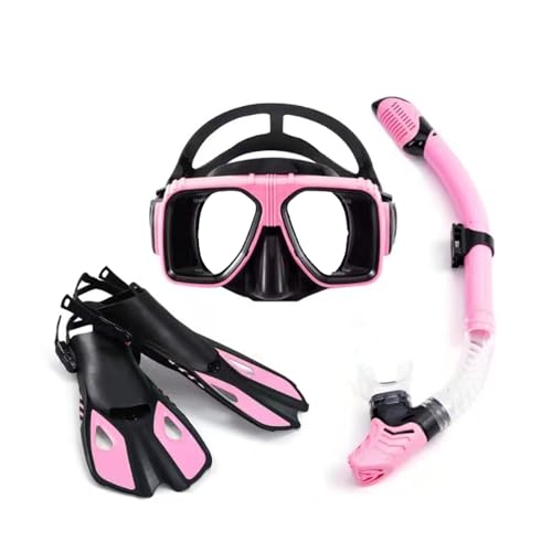 Schnorchelset mit Flossen, Schnorchelausrüstung in Reisegröße mit Schwimmflossen, Hochwertige Tauchermaske für Kinder Erwachsene-Pink-B||S/M von RYNDEX