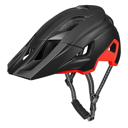 RaMokey Fahrradhelm MTB Helm, Mountainbike Helm mit Abnehmbarem Visier und Polsterung für Erwachsene, Radhelm für den Stadtverkehr- für Damen und Herren (Schwarz+Rot) von RaMokey