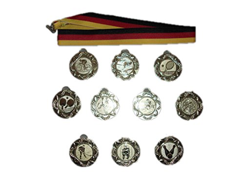 10 kleine Medaillen mit Deutschlandbändern und 3 Anstecknadeln (Sticker). 50 Verschiedene Embleme zur Auswahl. (Ringen) von RaRu