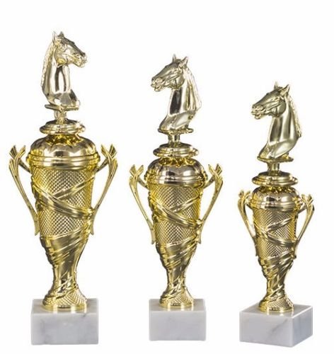 RaRu 3er-Serie Reiter-Pokale (Verschiedene Figuren zur Auswahl) mit Wunschgravur und 3 Reiter-Anstecknadeln (Sticker) (Mit Pferdekopf-Figuren) von RaRu
