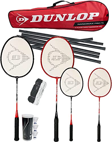 Dunlop Nanomax Pro Ti Family Badminton-Set, inkl. 2 Erwachsenen-, 2 Juniorschläger, Netz, Pfosten, Tragetasche und 3 Federbällen von Racketworld