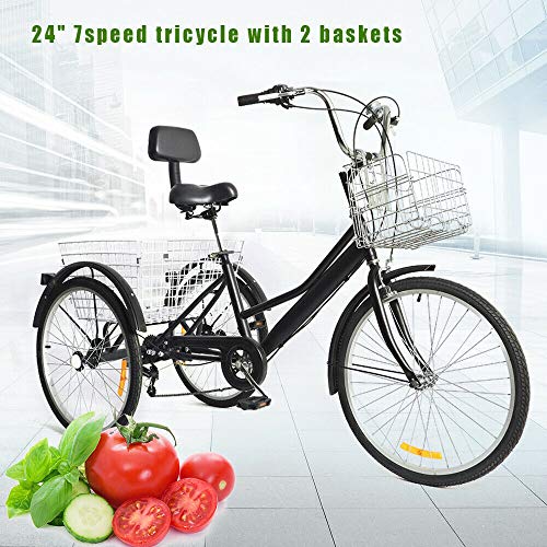 Dreirad für Erwachsene 24 Zoll Fahrrad Lastenfahrrad mit Korb 7-Gang Tricycle Schwarz von RainWeel